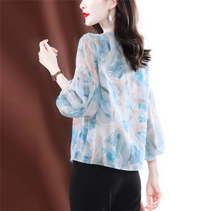 Womens Clothing 2023 Summer Trendy Print Lace Up Chic Blouse Sweet V Neck 3/4 Sleeve Loose Street Shirt Chic Chiffon Tops Blusas