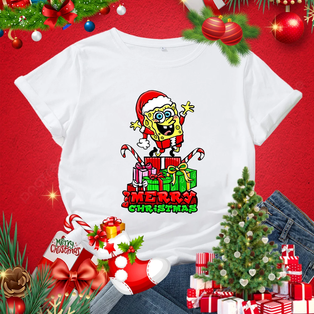 MINISO SpongeBob Christmas T-shirt Women's Cotton Short-sleeved Casual Top Loose Clothing Holiday Gift