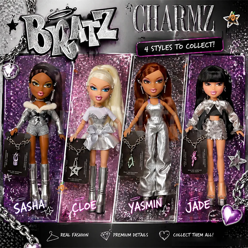 Muñeca de Moda Original Bratz Charmz Series Cloe Jade Sasha Yasmin, Accesorios de Metal Plateado, Pulsera Coleccionable, Regalo para Niñas, Juguete Infantil