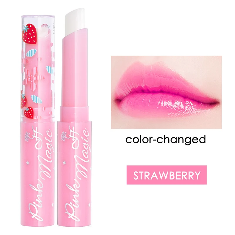 1Pcs Strawberry Lip Balm Temperature Color Changing Pink Lipstick Moisturizing Lip Glaze Nutritious Lip Balm Tint Makeup