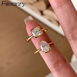 Foxanry Sparkling Water Drop Geometric Zircon Ring For Women Girls Simple Exquisite Gentle Elegant Sweet Engagement Jewelry Gift