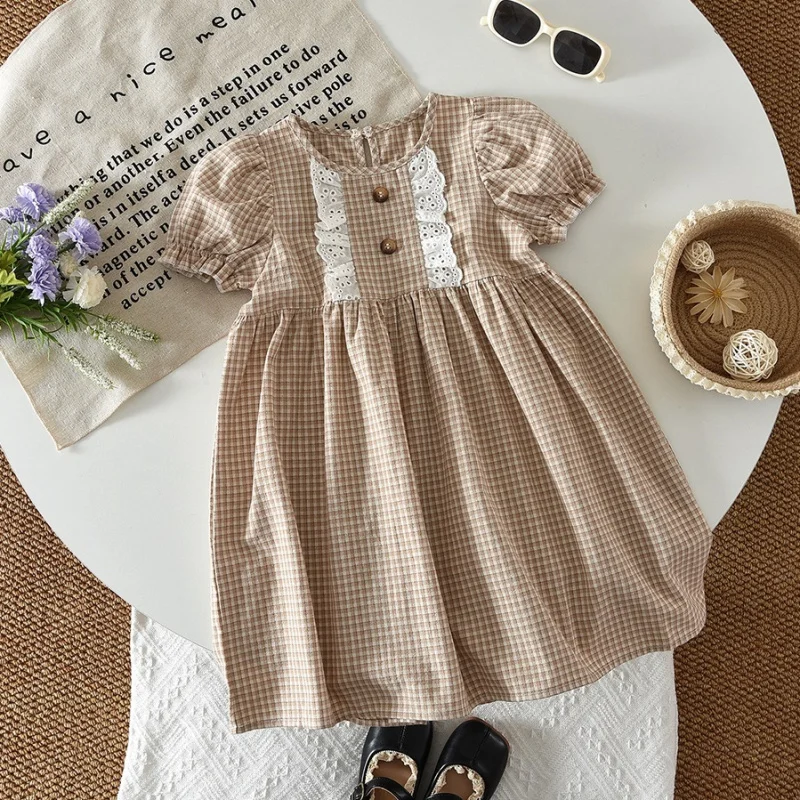 

2026Summer Korean Children's Clothing Plaid Girls' Dress Children's Princess Dress Summer Pastoral Style Puff Sleeve Dress