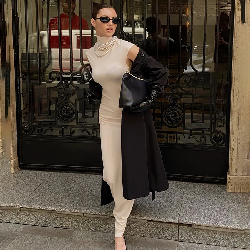 

DSMTRC Summer Holiday Club Party Elegant Evening Dresses 2024 Fashion Sleeveless Turtleneck Women Elegant Bodycon Long Dress