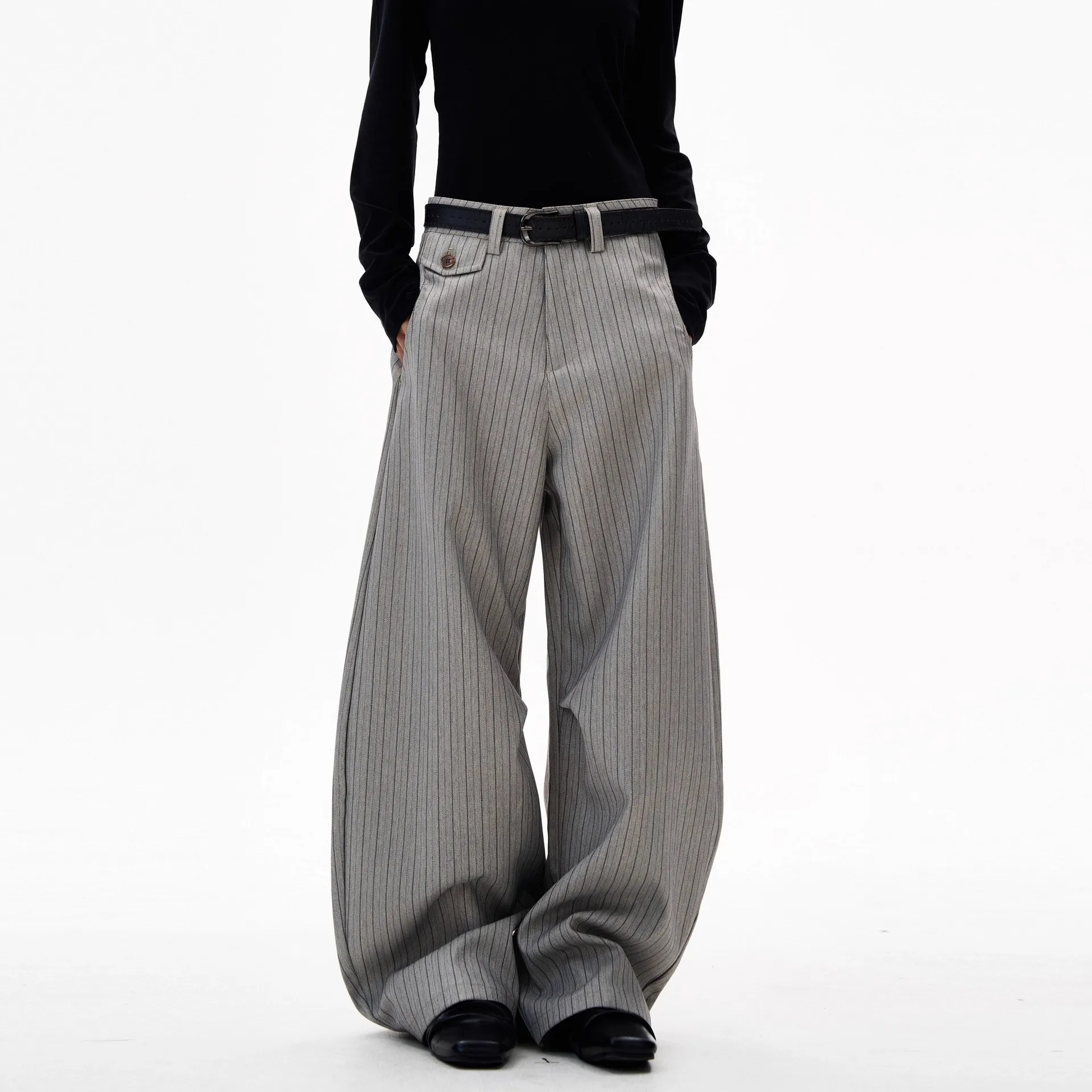 Striped Trousers With A Sense Of Design, Unisex, Loose-Fitting, Drapey, Casual Suit Pants For Couples