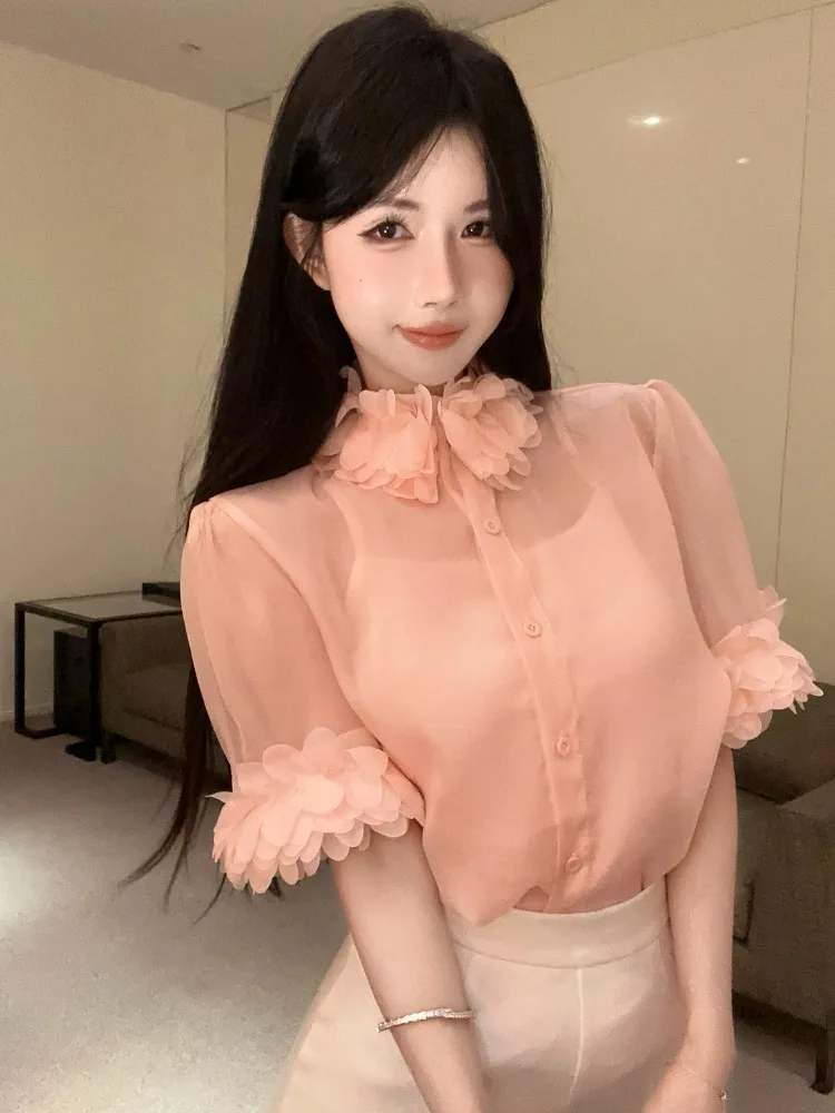 

Женский летний комплект из сетчатого шифона: топ без рукавов и свободные шорты с воротником-стойкой, с принтом, в корейском стиле, для повседневной носки