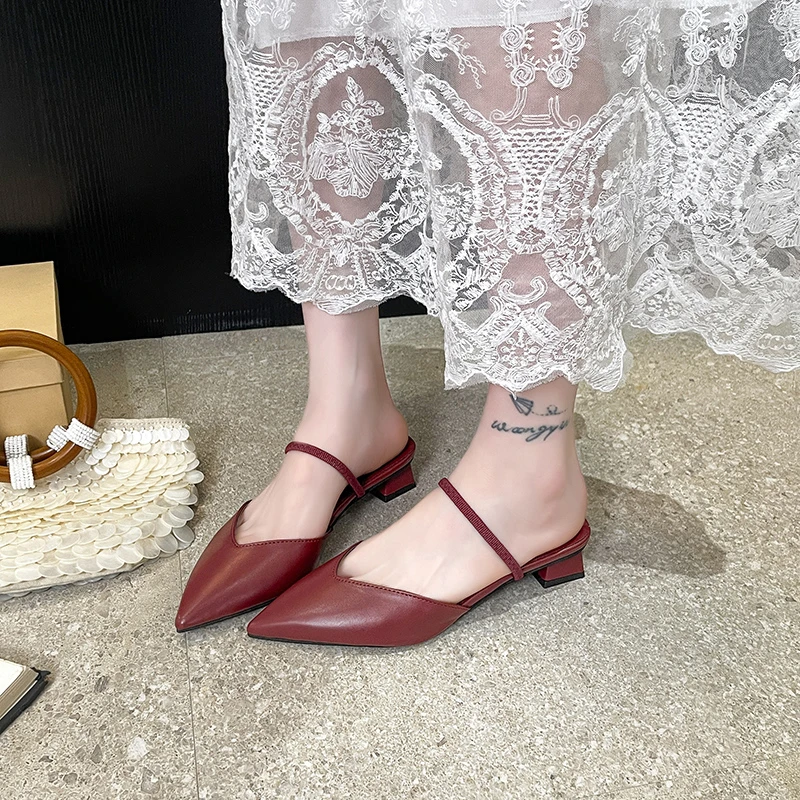 

French Temperament Shallow Mouth Pointed Toe Half Slippers Women's Summer Outside Wear Back Empty Baotou Sandals