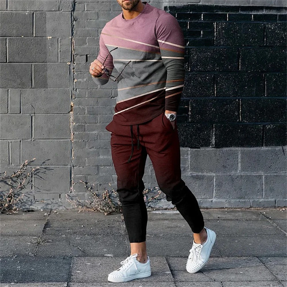 Kleur Gradiënt 3d Print Heren Sportkleding Set Casual Lange Mouwen T-Shirt Broek 2 Delige Set Oversized Pullover Heren Kleding