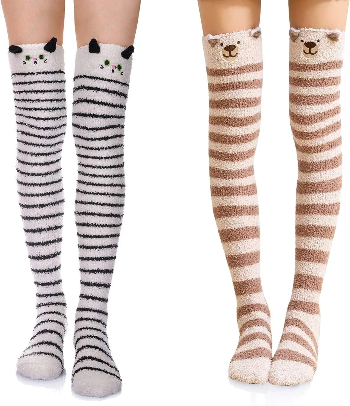 

1 Pair Womens Over Knee High Fuzzy Socks Cute Cartoon Thigh High Stockings Warm Stripe Leg Warmers Winter Socks