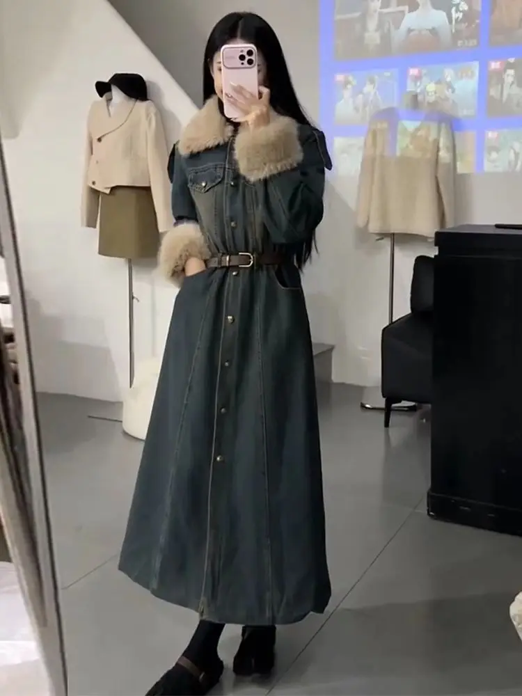 

2025 Autumn and Winter New Retro Fur Collar Denim Dress with Feminine Temperament Single Breasted Long Skirt