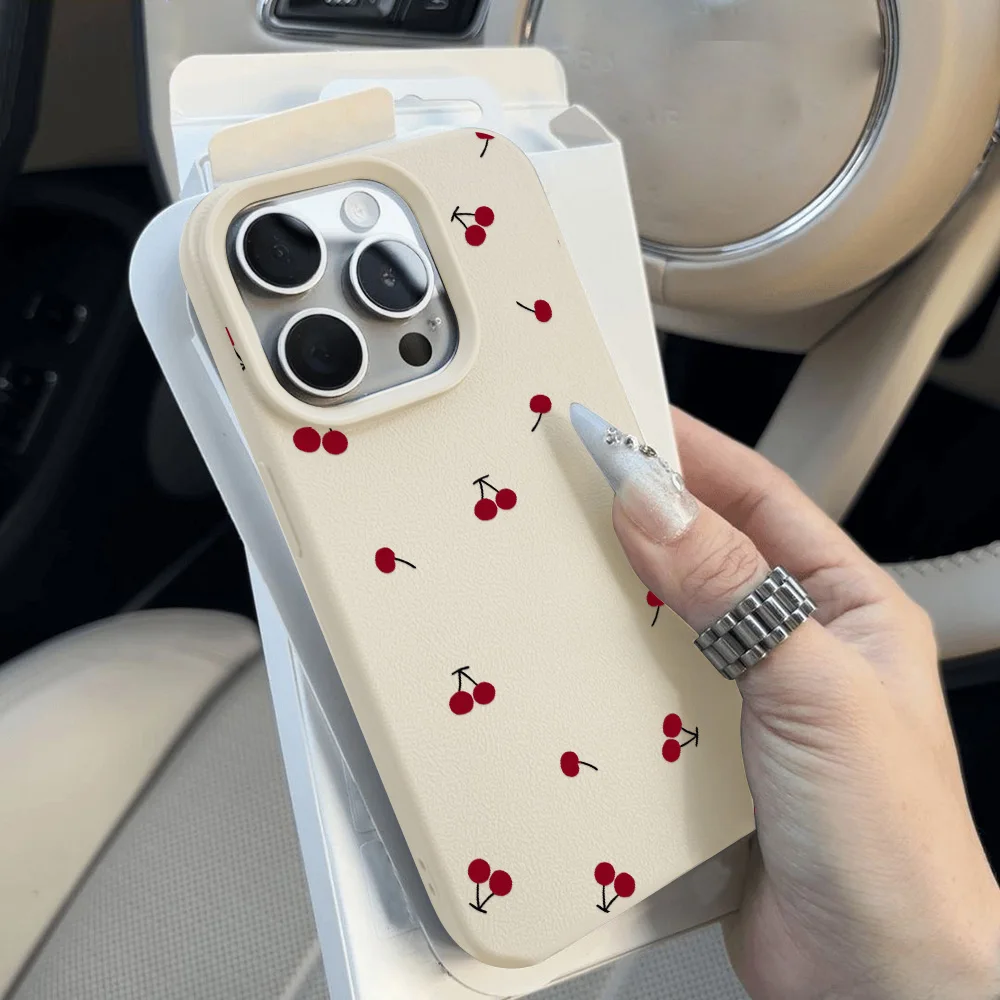 Cherry Phone Case For iPhone 13 Case iPhone 15 11 14 12 16 Pro Max 14 15 16 Plus Shockproof Soft Leather Cute Heart Bow Cover image 4