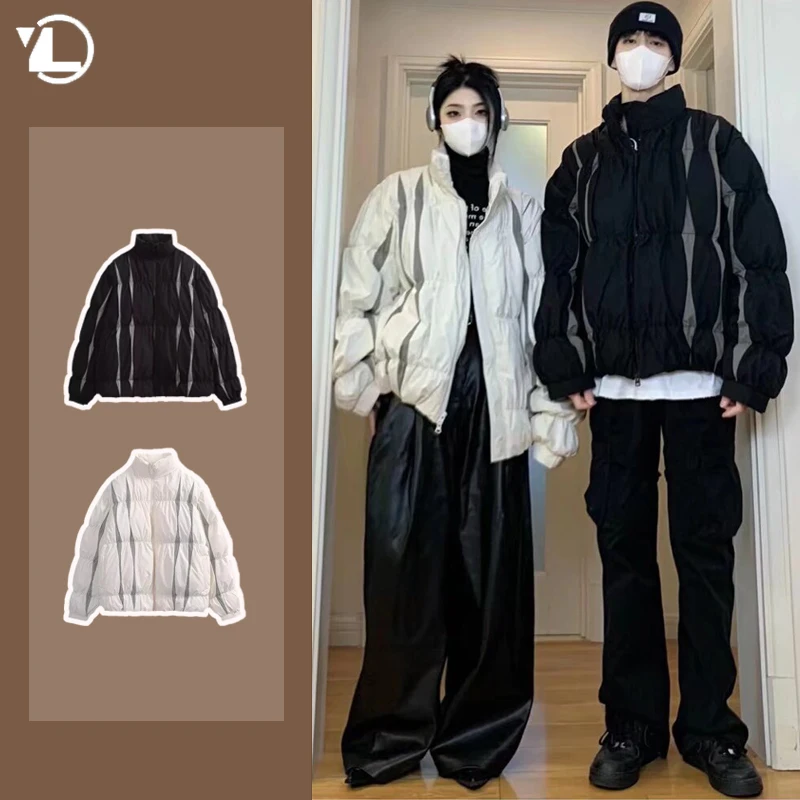 

High Street Trendy Mens Cotton Jackets Fluffy Striped Color Blocking Stand Collar Male Parkas Thicken Hip Hop Couple Coats Warm