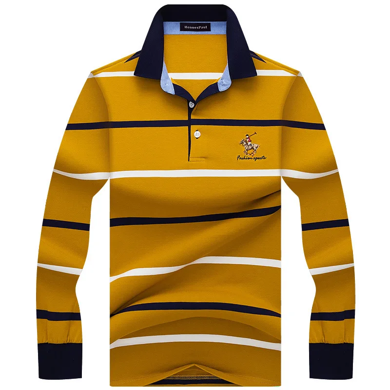 Minglu Spring Autumn Cotton Men's Polo Shirts Luxury Long Sleeve Striped Turn Down Collar Embroidery Casual Male T-shirts
