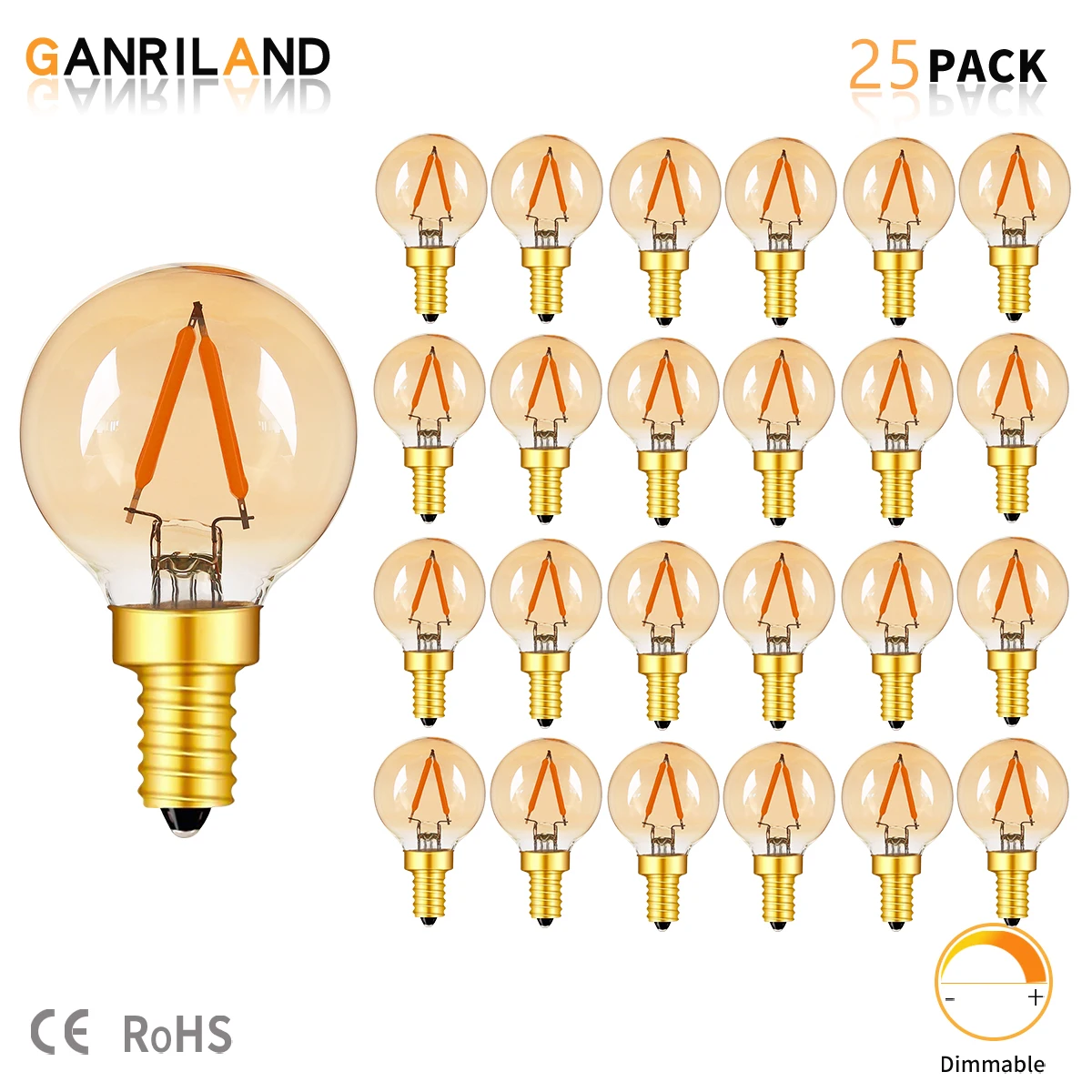 

GANRILAND G40 1W Led Filament Globe Bulbs E12 E14 Amber Glass 2200K Dimmable Patio Fairy String Light Replacement Outdoor Bulb