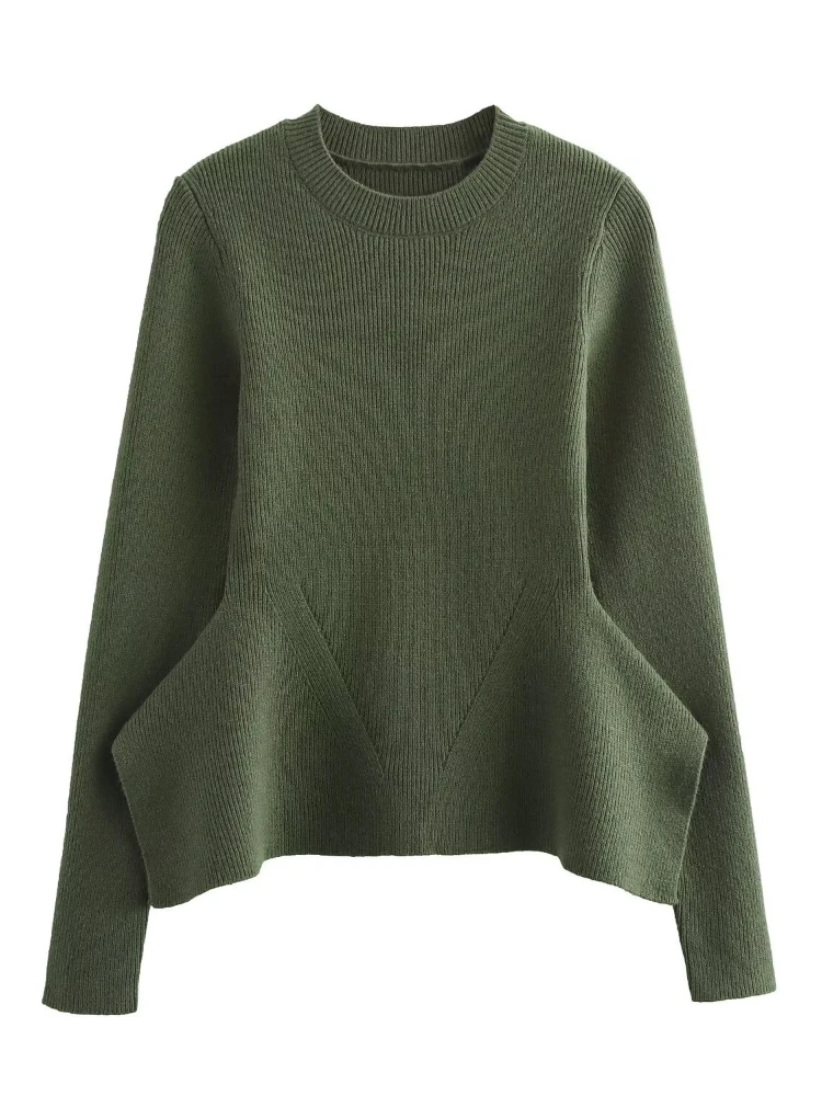 

ZBZA Women Knit Pullover Ruffled Hem Round Neck Long Sleeve Solid Patchwork Slim Fit Casual Sweater Fall Winter New Chic Sweater