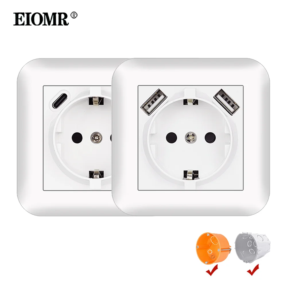 EIOMR Type C USB Charge Socket,Flame Retardant PC Panel,EU Standard Wall USB Power Outlet with Iron Claw Suitable for Round Box