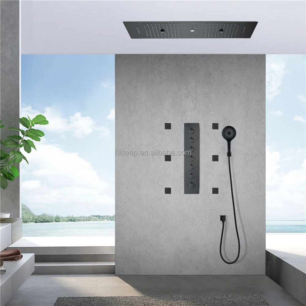 Music LED Shower System Ceiling Embedded 36*12 Inch Mist Rain and Waterfall Shower Head Thermostatic Shower Faucet Set