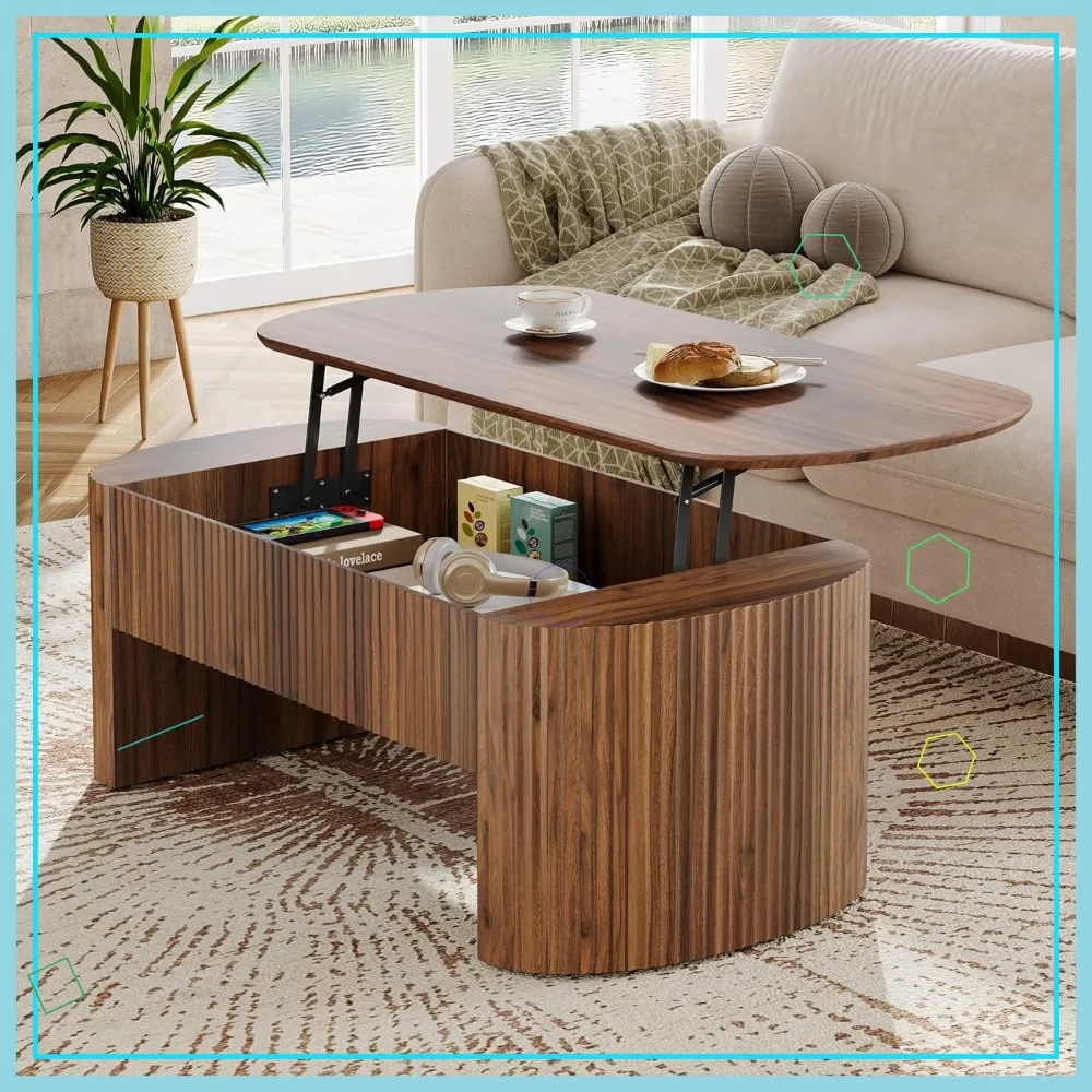 

47-Inch Oval Lift-Top Coffee Table with Storage Shelf, Rustic Brown Mid-Century Center Table for Living Room