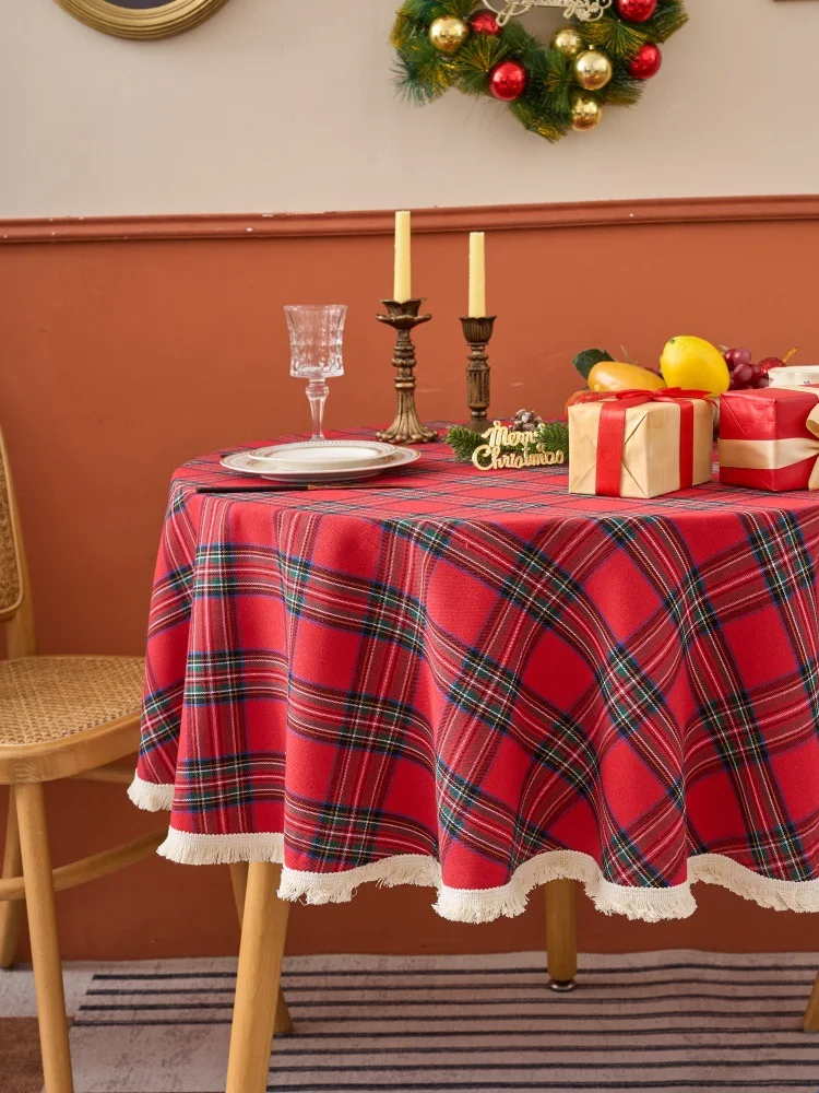 Christmas Round Tablecloth Xmas Party Red Green Table Cloth Vintage Dining Table Cover for Christmas Party Indoor Outdoor Decor