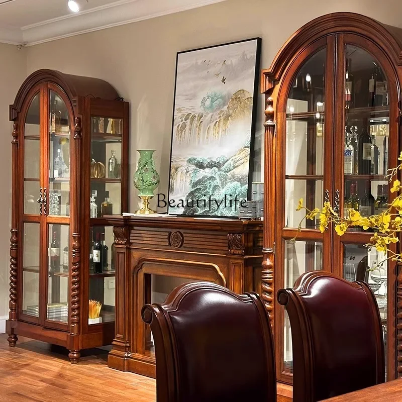 

yj21American-style Solid Wood European-style Retro Arched Home Living Room Wall-mounted Wine Cabinet Glass Cabinet