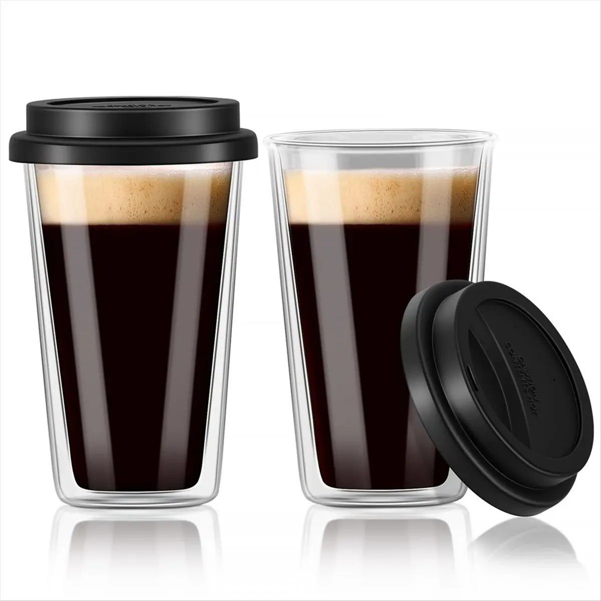 FOR HOME 2 Packs Double Walled Glass Coffee Mugs with Silicone Lids,12 OZ /350ML Insulated Drinking Coffee Cups, Dishwasher Safe