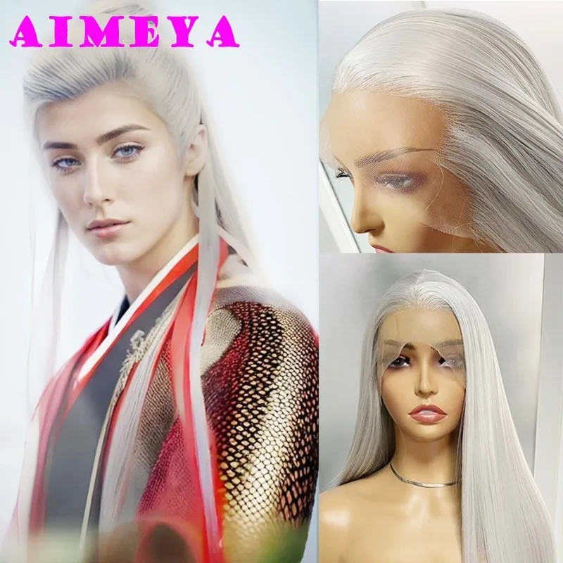 AIMEYA Free Part Silver Cosplay Wig Widow's Peak Synthetic Lace Front Wig Long Silky Straight Cosplay Wig for Men or Women