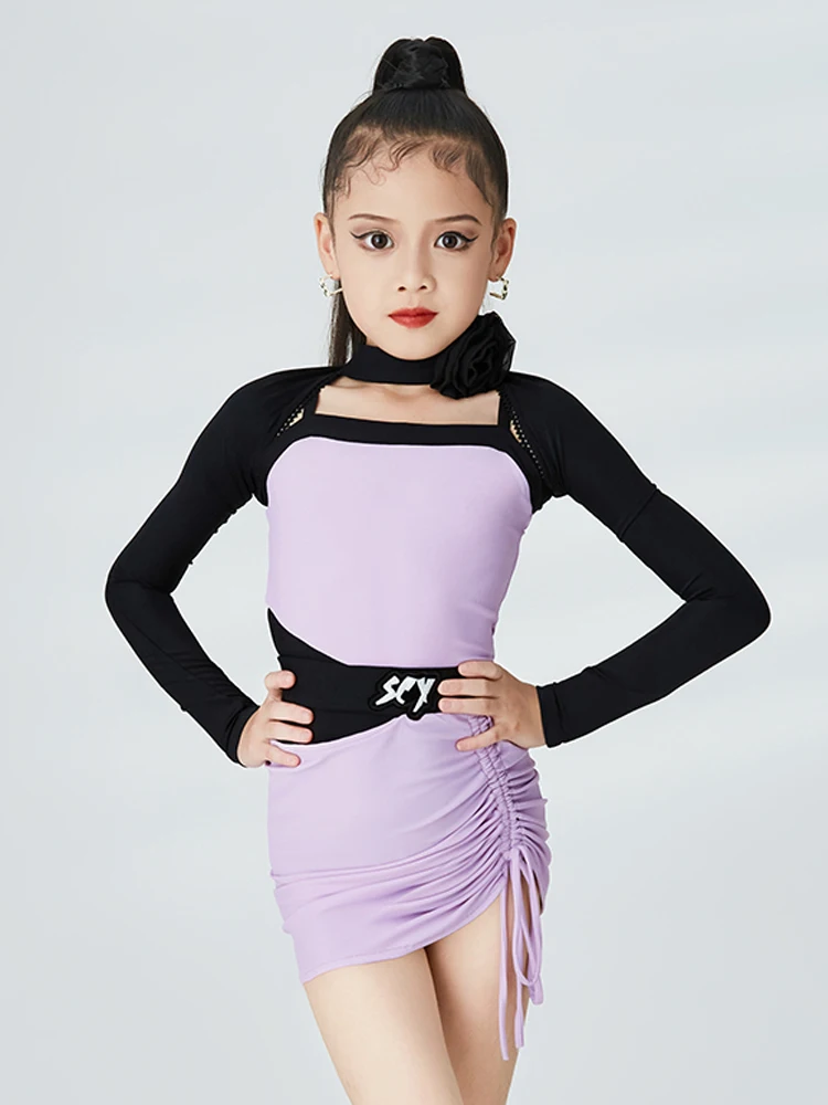 

Одежда для латиноамериканских танцев фиолетового цвета для девочек, зимняя одежда для тренировок, платье с длинными рукавами, платье для бальных танцев и представлений, DNV17239