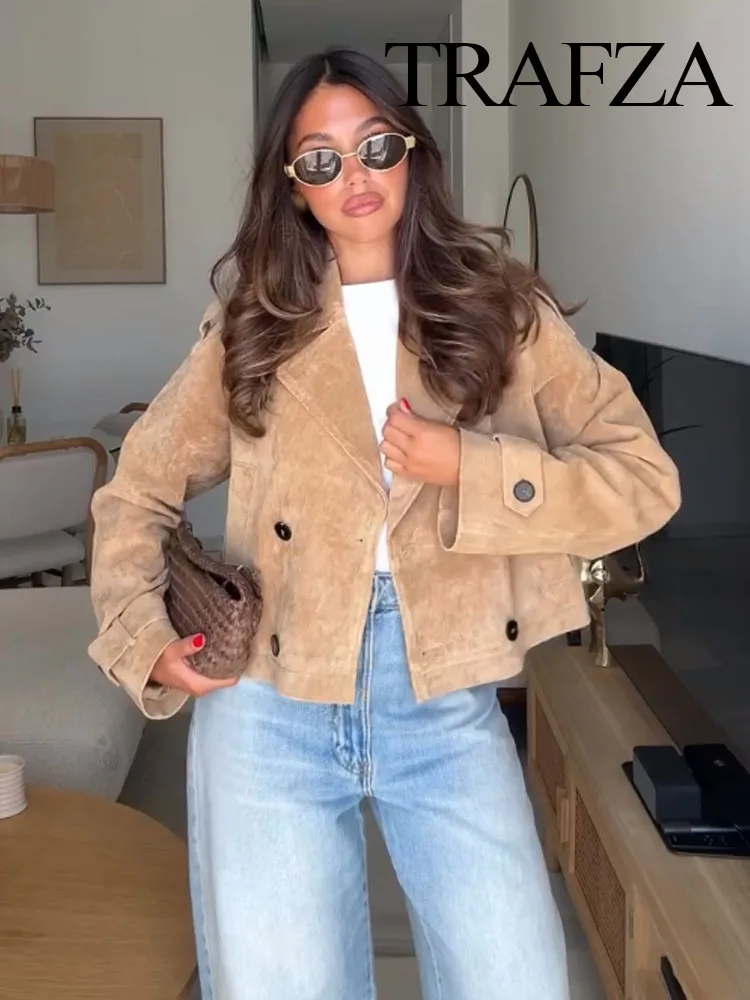

HH Women Fashion Pocket Double-Breasted Design Solid Autumn Jacket Woman Lapel Long Sleeves Casual Street Style Short Coats