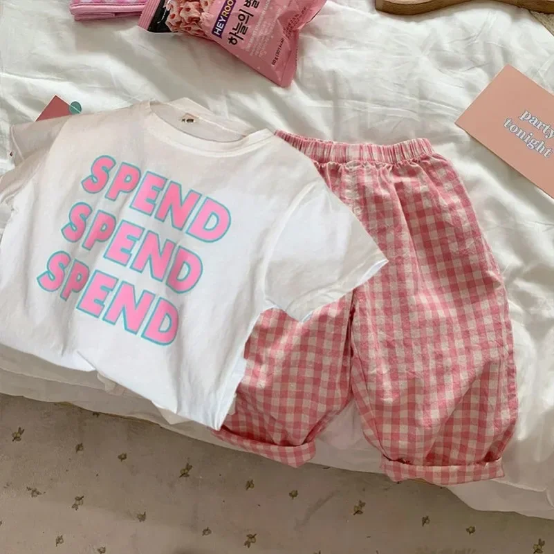 

Little Girls Children Clothing Set Two 2 Piece Set T Shirt Top+Pants Plaid Baby Clothes Kids Birthday Summer Outfits For Women