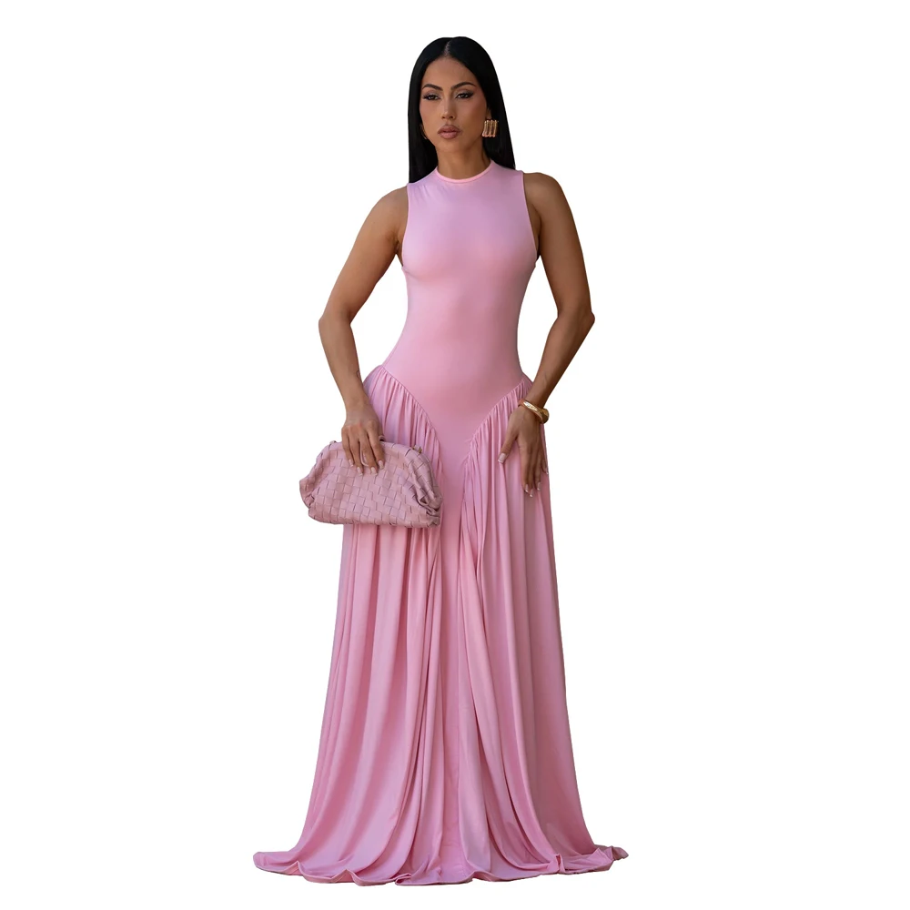 Modische Damenkleider Elegantes Ärmelloses Maxikleid mit Rundhalsausschnitt, Fließendem Stoff und Raffungen für Sommer 2026, Hochzeitsgäste und Urlaub – Detail 5