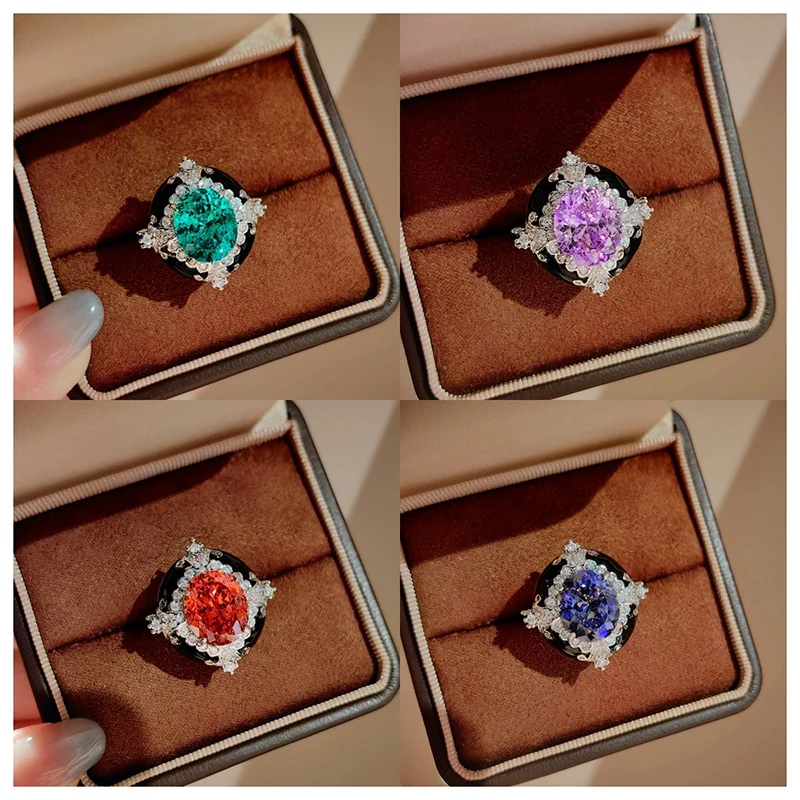 Vintage Finger Jewelry Multiple Colored Zircon Rings French Retro Black Antique Ring for Women Party Accessories KOFSAC