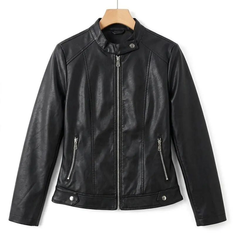 Fashionable 3D Stand Collar Biker Jacket Women's Casual Workwear Leather Coat Thick Synthetic Leather Regular Length O2O Sales
