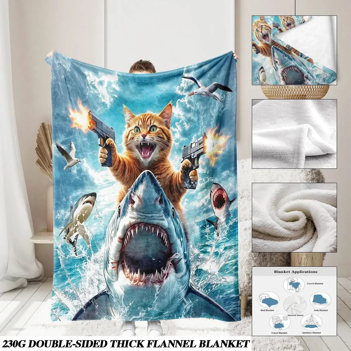 Funny Cat Shooting Guns Shark Attack Beach Scene Throw Blanket Novelty Gift for Cat Lovers 150x200cm