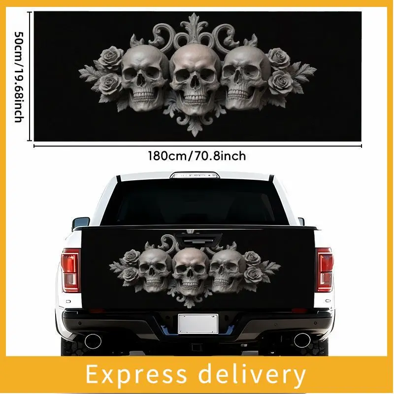 

Плоская 2D-наклейка на автомобиль с 3 готическими черепами, вихревым узором и элементами розы - самоклеящаяся водонепроницаемая виниловая наклейка, подходит для различных поверхностей.