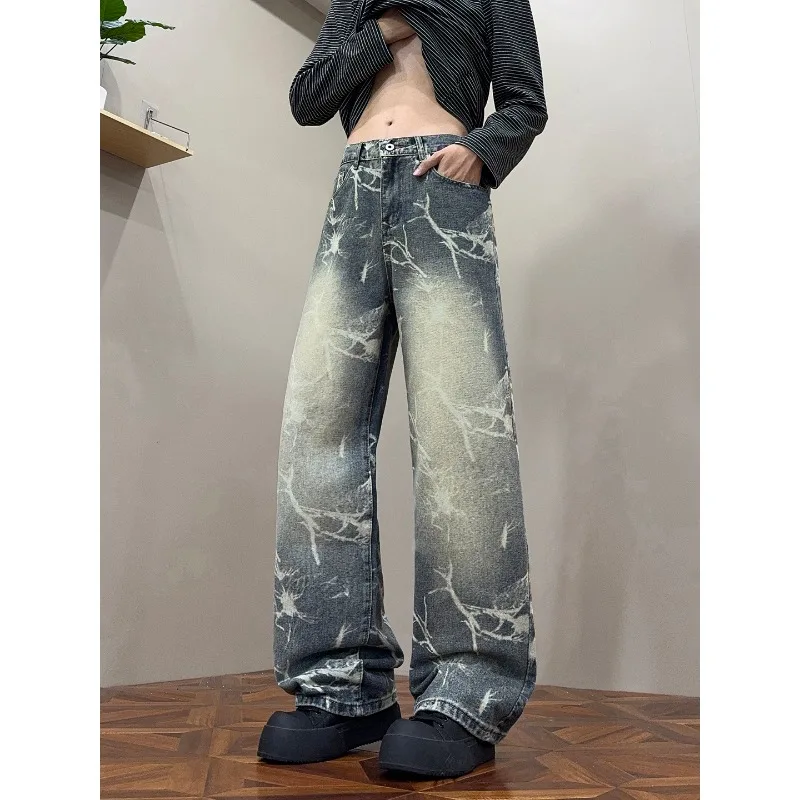 American High Street Dark Style Printed Loose Straight Leg Jeans Personality Casual Denim Pants For Men