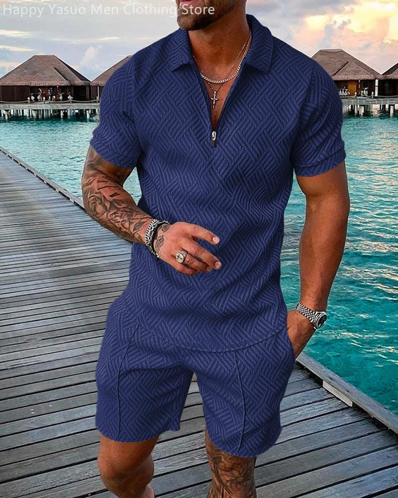 Men's Sets T-shirts Two Piece Sportwear Tracksuit/Tops/Shorts Sport Casual Suit New Summer Male Zipper Polo Shirt + Shorts Set