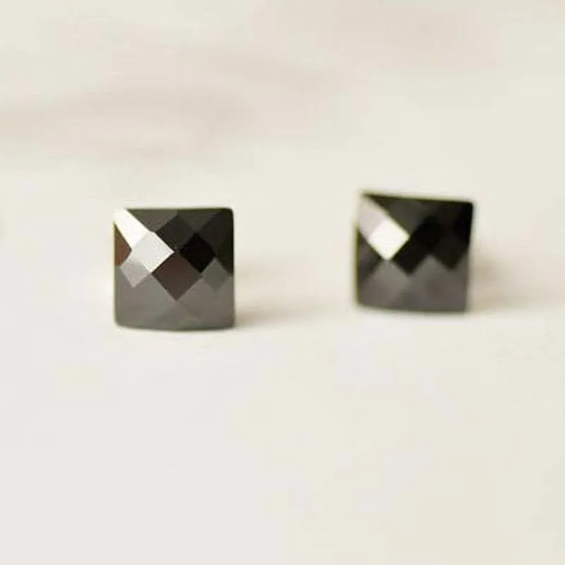 Genuine Real Pure Solid 925 Sterling Silver Stud Earrings for Women Black Agate Female Earrings