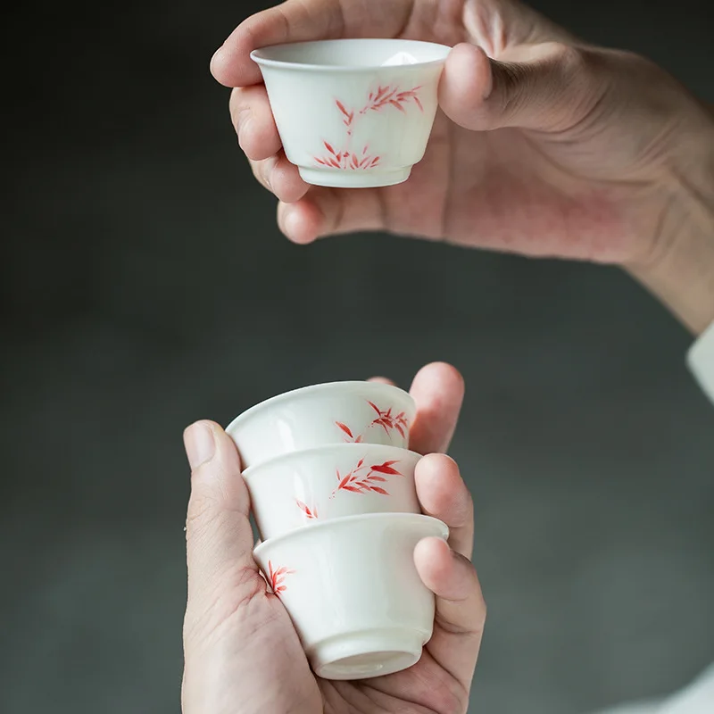 Hand-painted Red Bamboo Horseshoe Cup Creative White Porcelain Tea Cup Sample Tea Cup Ceramic Trumpet Host Cup Single Cup