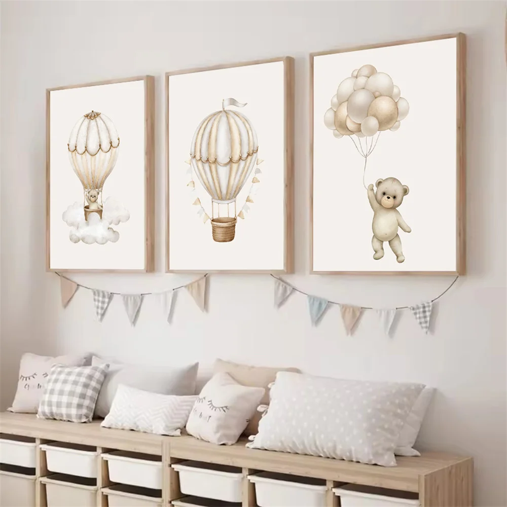 

Cartoon Cute Bear Hot Air Balloon Nursery Wall Art Canvas Painting Bohemia Posters And Prints Pictures Baby Kids Room Home Decor