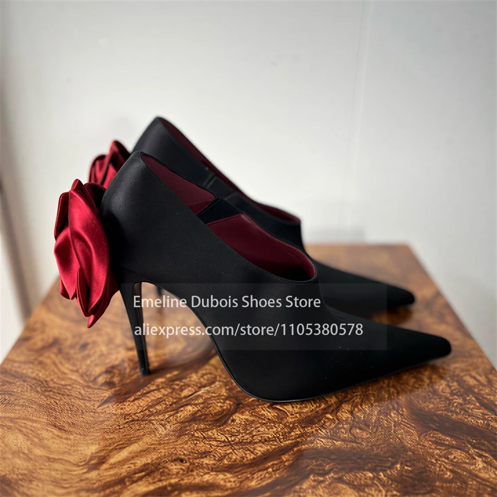 Satin Rose Rear Decor Pointed Toe Stiletto Pumps Slip on High Heels Women Sexy Elegant Wedding Party Banquet Nightclub Plus Size