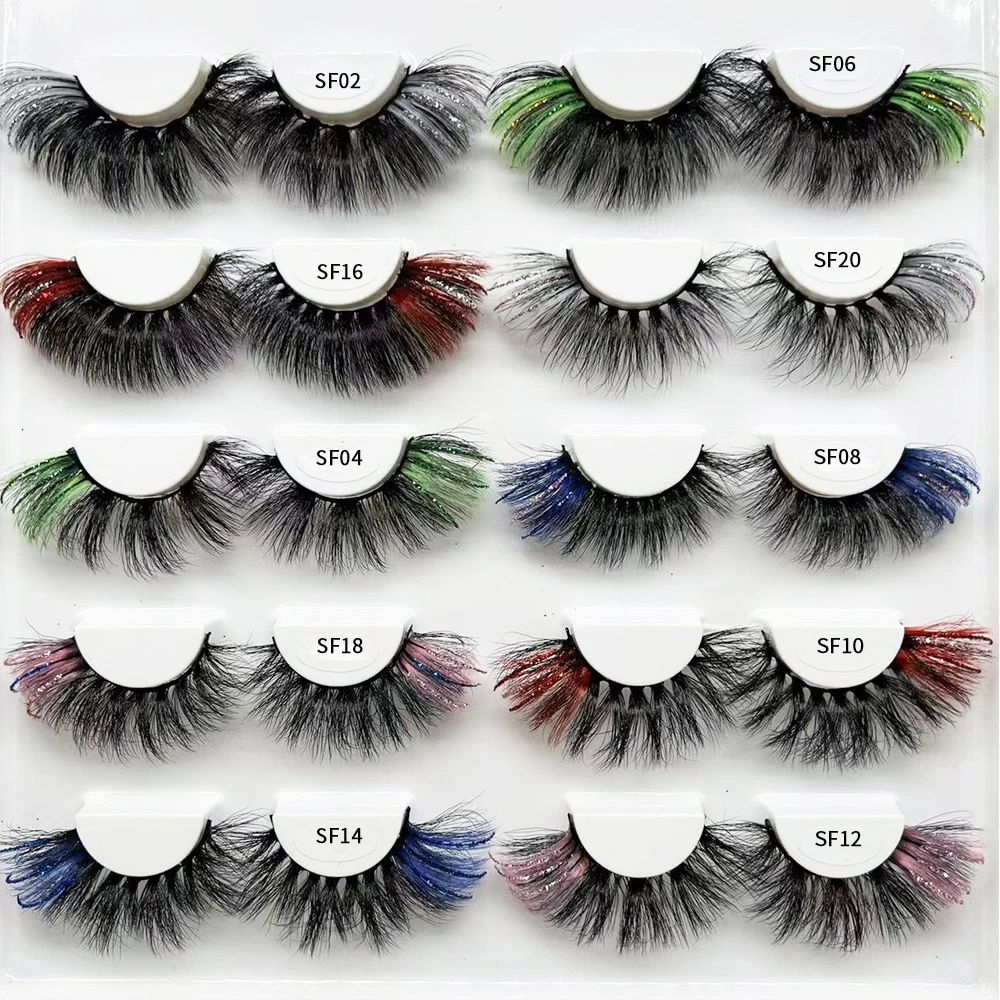 Newest Colored False Eyelashes With Glitter 5D 25MM Mink Lashes 3D 10-20MM Natural Full Strip Mink Eyelashes Wholesale Makeup