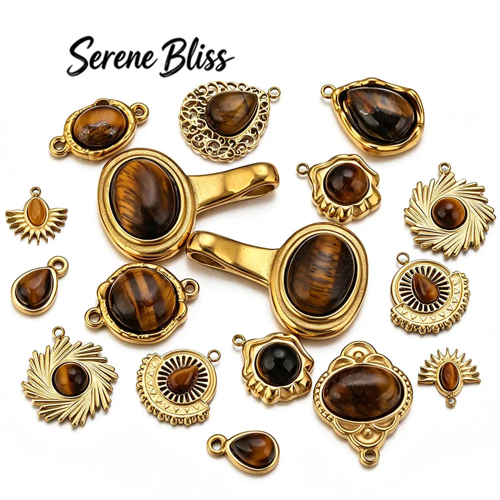 2/3/4/5pcs Stainless Steel Charm Inlay Tiger's Eye Stone Round Cross for DIY Necklace Earrings Bracelet Jewelry Making Wholesale