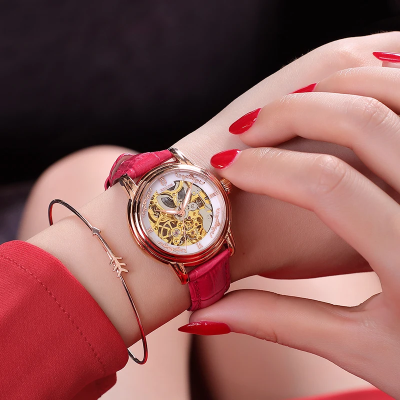 ROCOS Women's Automatic Watch  Vintage Rose Gold Skeleton Mechanical Watch with Red Strap, Water-Resistant, Women's Gift