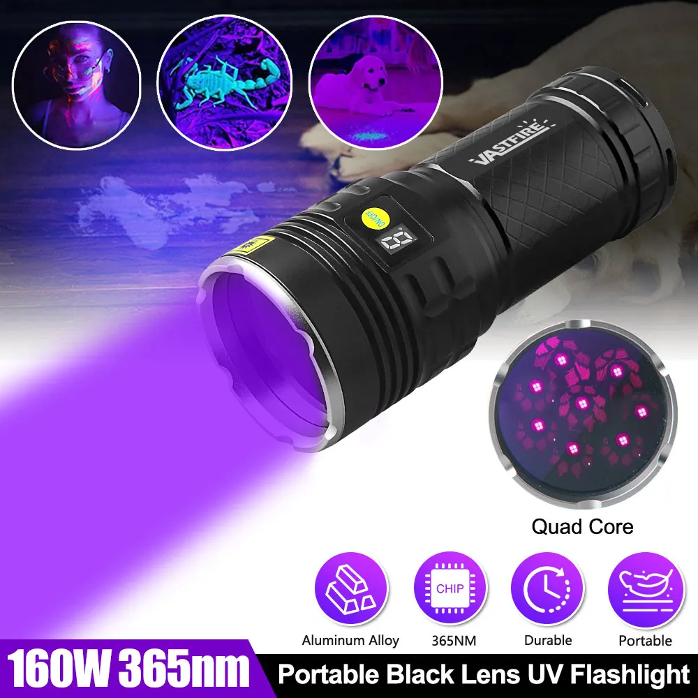 160W UV Flashlight Black Mirror Torch Super Bright UV Flashlight 8 core Violets Ultraviolet Torch For Pet Stains Camping Outdoor