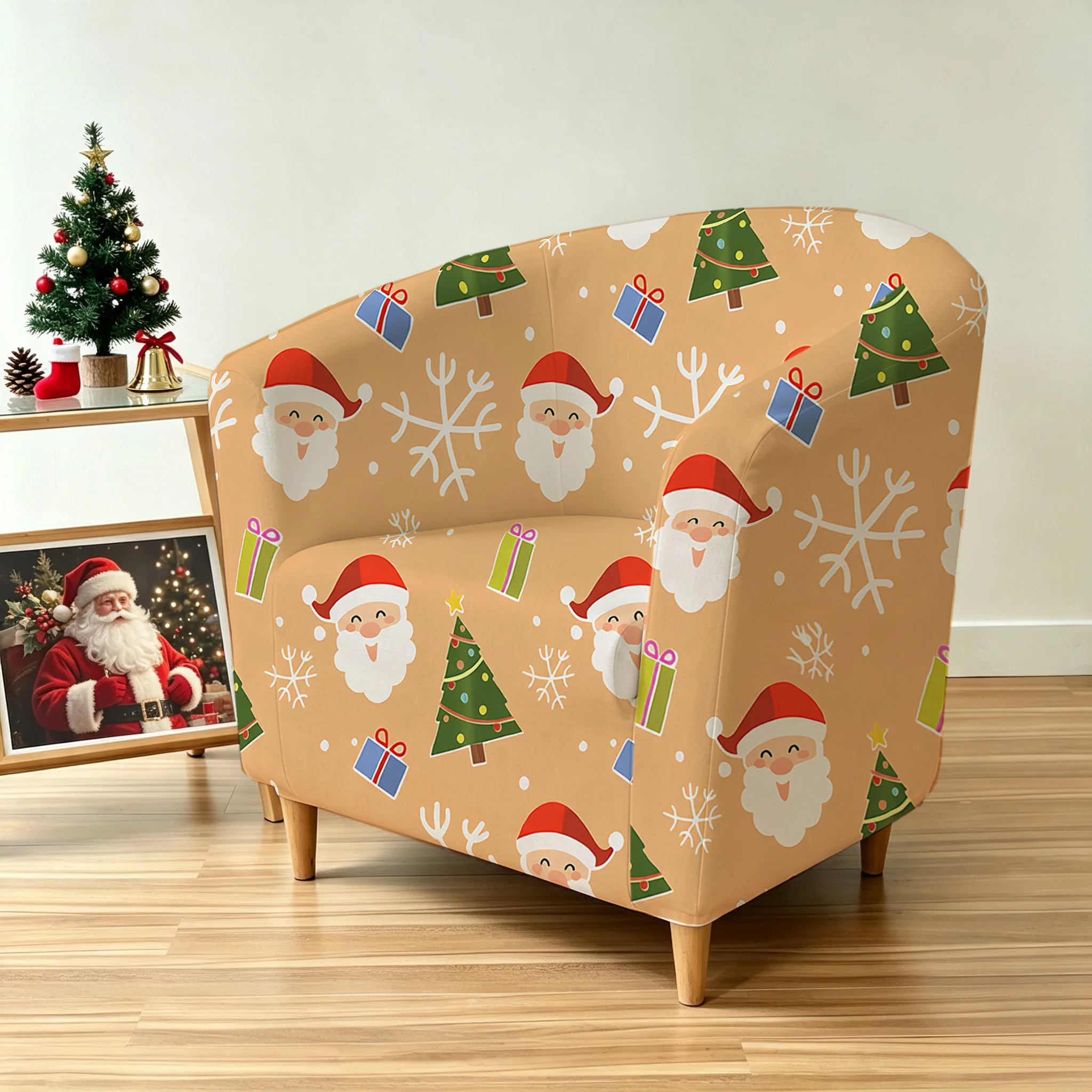 Cartoon Christmas seamless beige Santa Claus reindeer printed armrest sofa cover, 2D printed elastic single club sofa cover