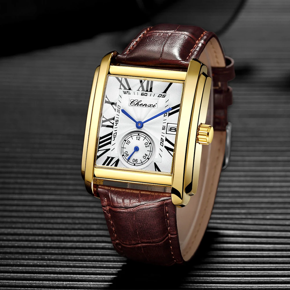 

CHENXI брендовые квадратные кварцевые часы мужские высококачественные водонепроницаемые часы с календарем из сплава с кожаным ремешком для мужчин