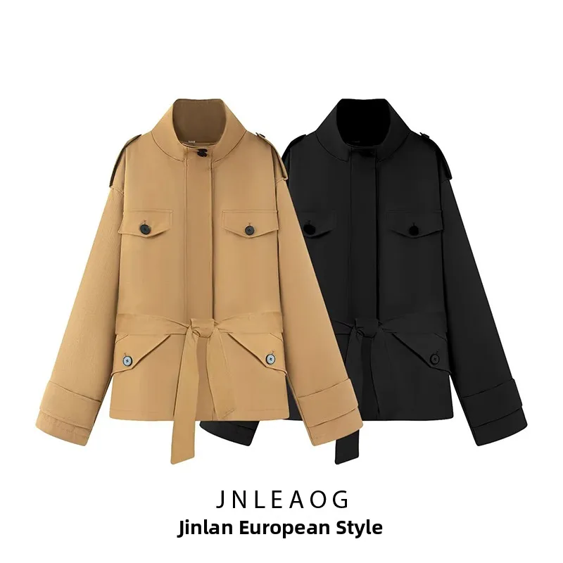 

JNLEAOG Autumn New Women's Faion Belted ort Simple Sle Coat Jaet Polyester Long Sve Stand Collar Button Closure