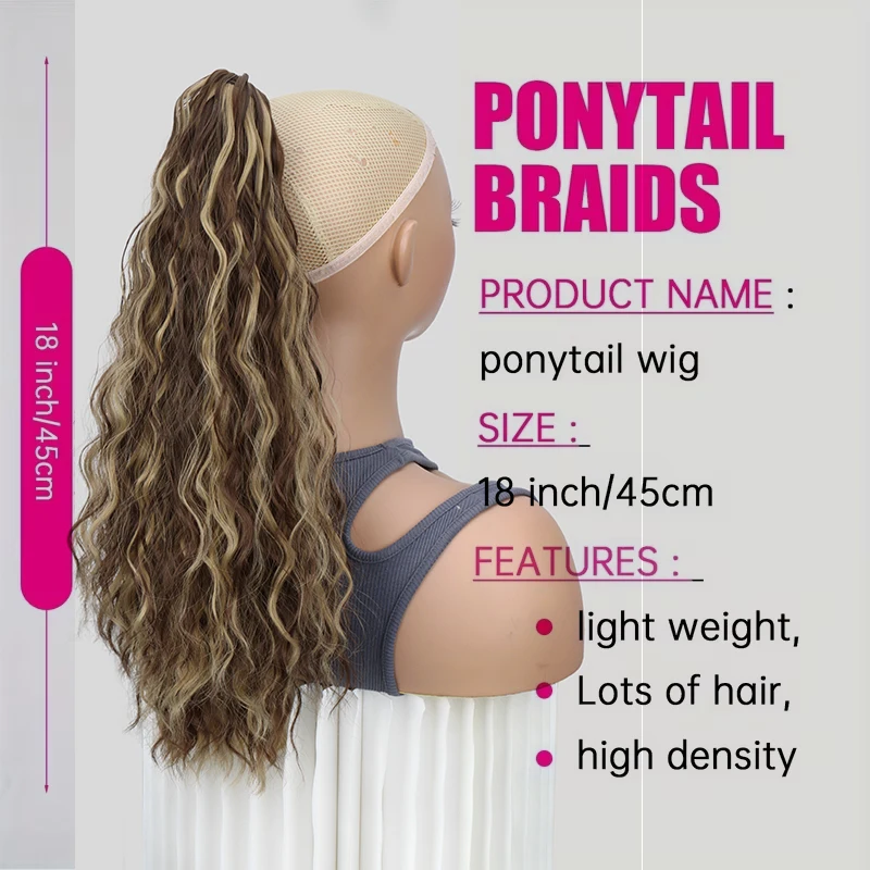 18Inch Synthetic Long Wavy Curly Ponytail Hair Extension Claw Clip Heat-Resistant Hairpiece for Women Daily Use