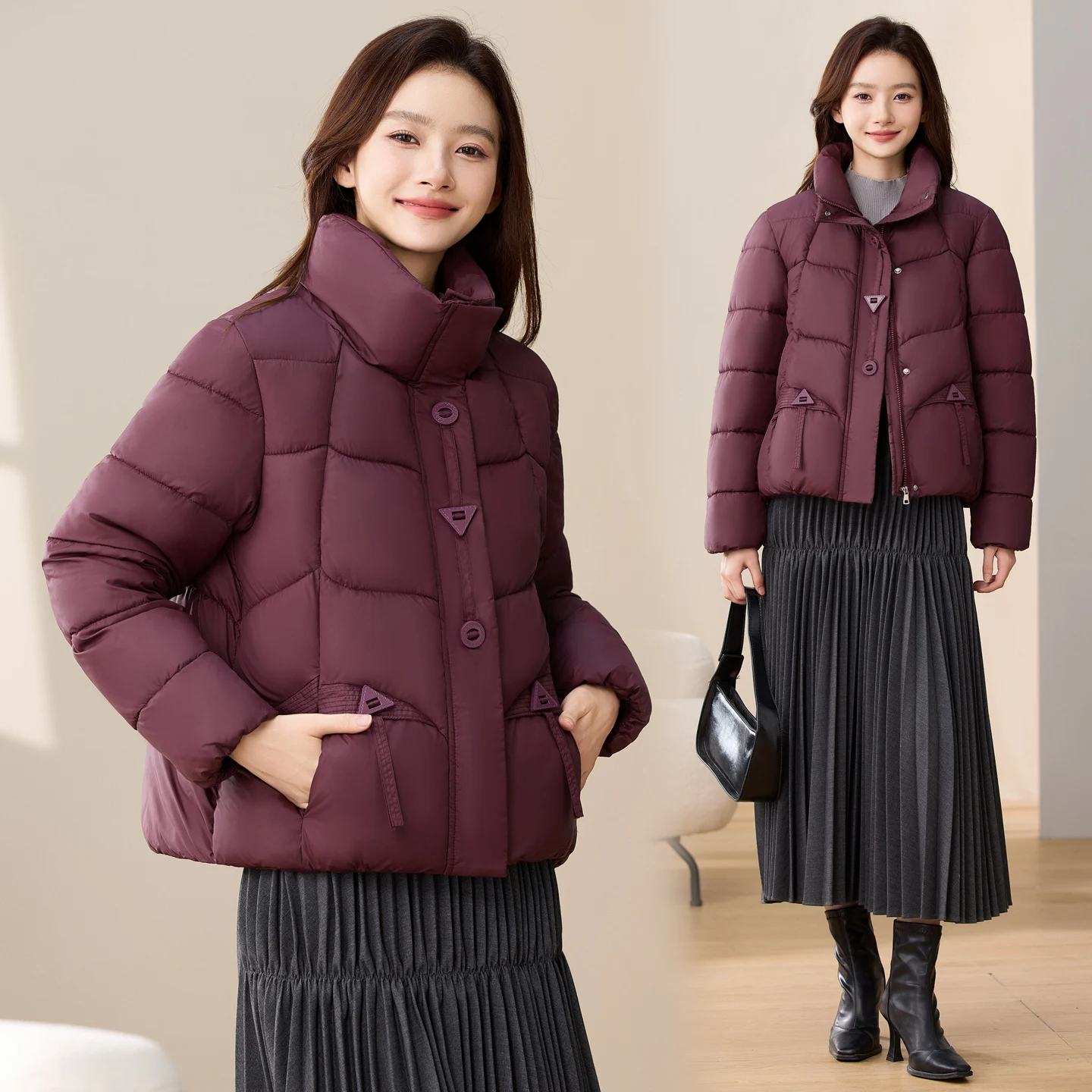 

2025 Winter Faion ort Thiened Cotton Jaet Women's Warm Sli Stand Collar Loose Coat Outerwear Trendy Commute Sle