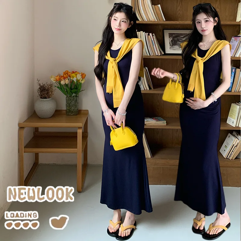 Maternity Suit Summer 2026 Slim Fit Bodycon Sleeveless Dress and Yellow Shawl For Pregnant Women Versatile Minimalist