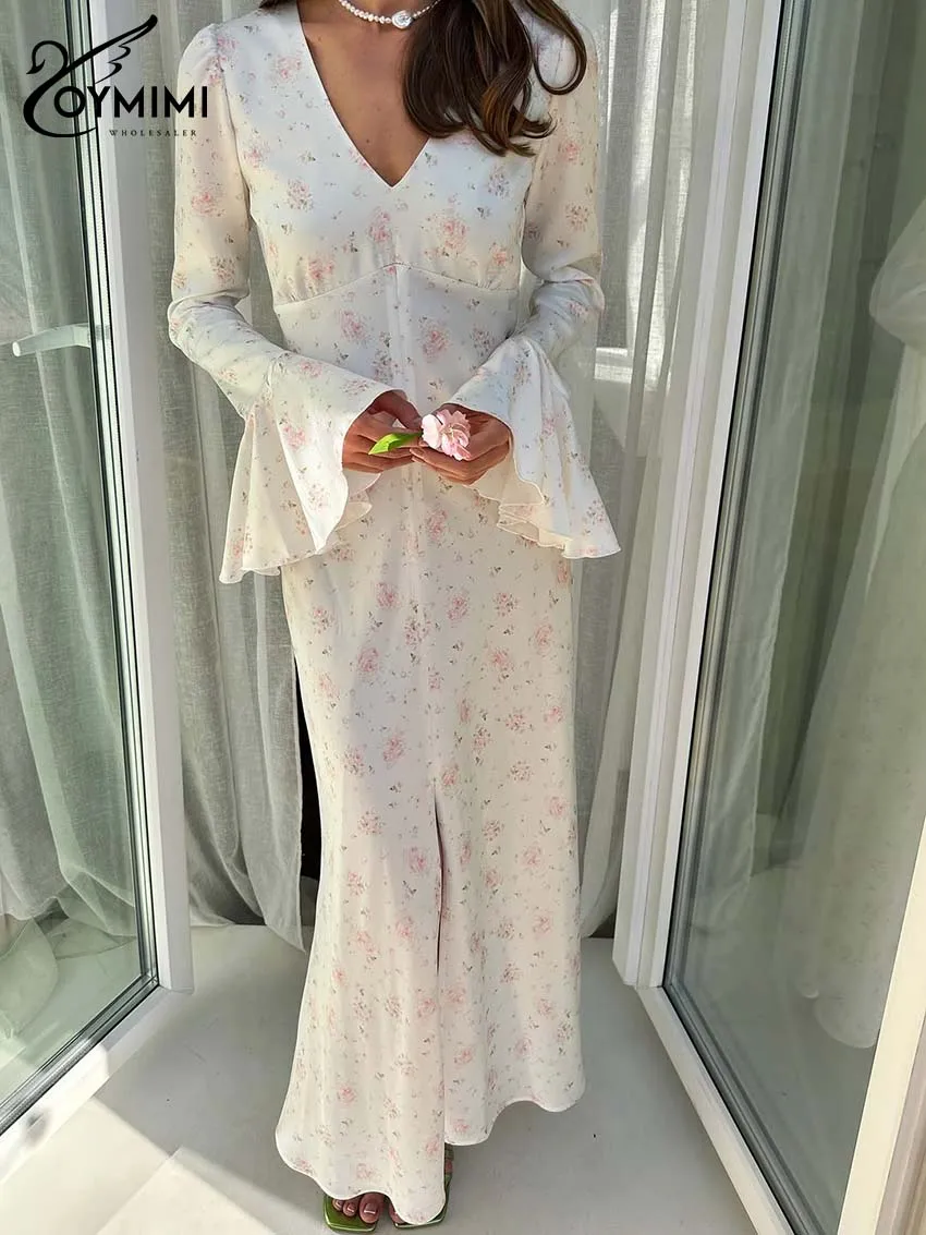 

Женское шифоновое платье Oymimi белое с розовым цветочным принтом, весна 2026, с V-образным вырезом, расклешенными рукавами, драпировкой на талии, разрезом, макси-платье, романтический наряд
